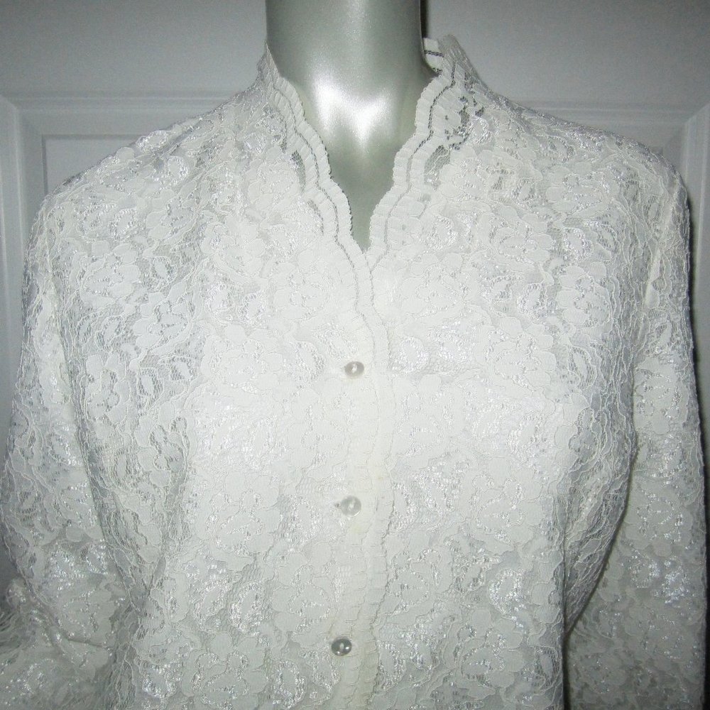 Talbots White Lace Lined Button-Down Jacket Blouse - image 2